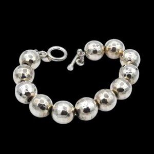 Vintage Sterling Silver Hammered Ball Bead Toggle Bracelet "B" Mexico 925